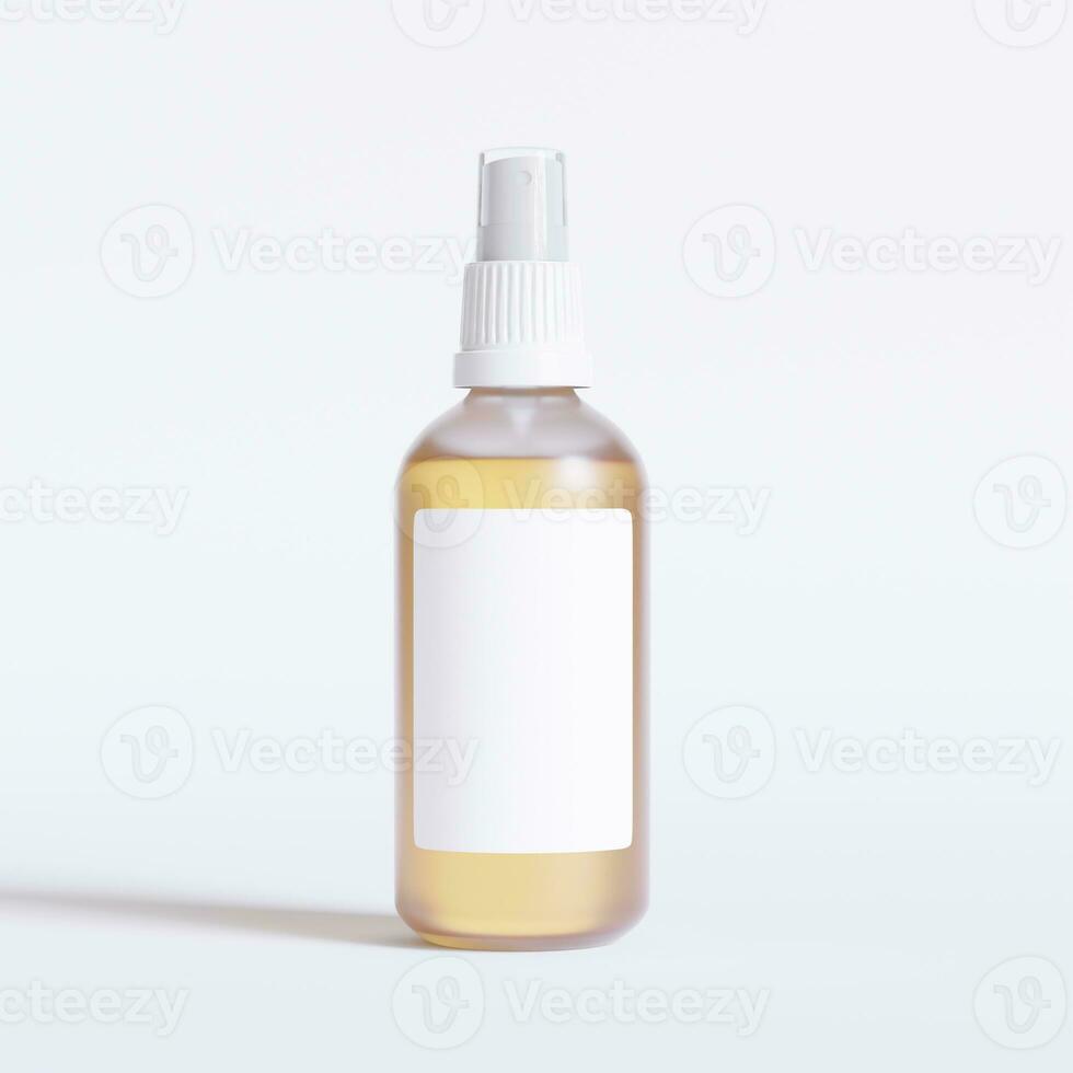 Glass bottle cosmetic rendering 3D software illustration with label and white color realistic texture photo