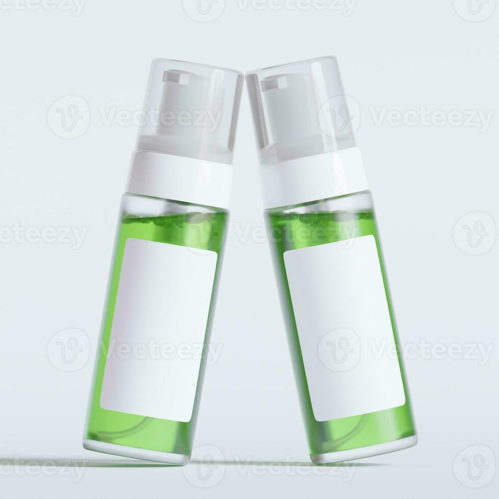 Glass bottle cosmetic rendering 3D software illustration with label and white color realistic texture photo