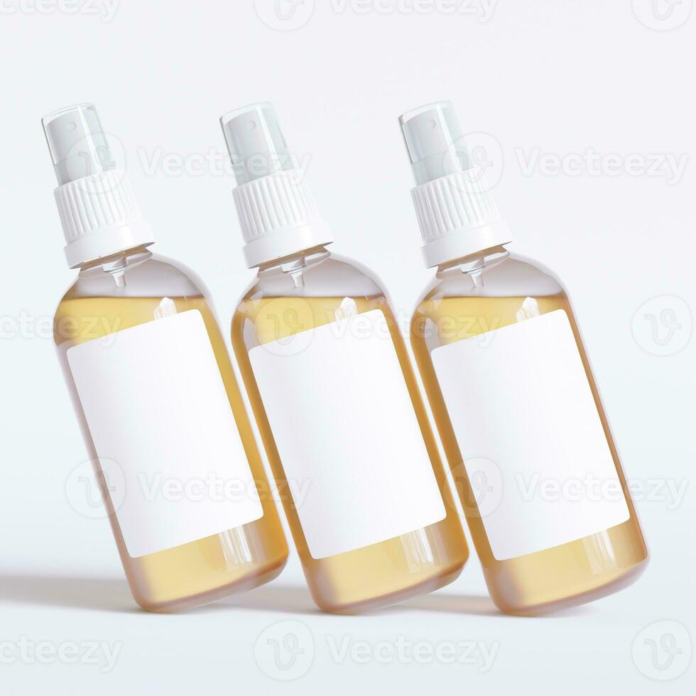 Glass bottle cosmetic rendering 3D software illustration with label and white color realistic texture photo