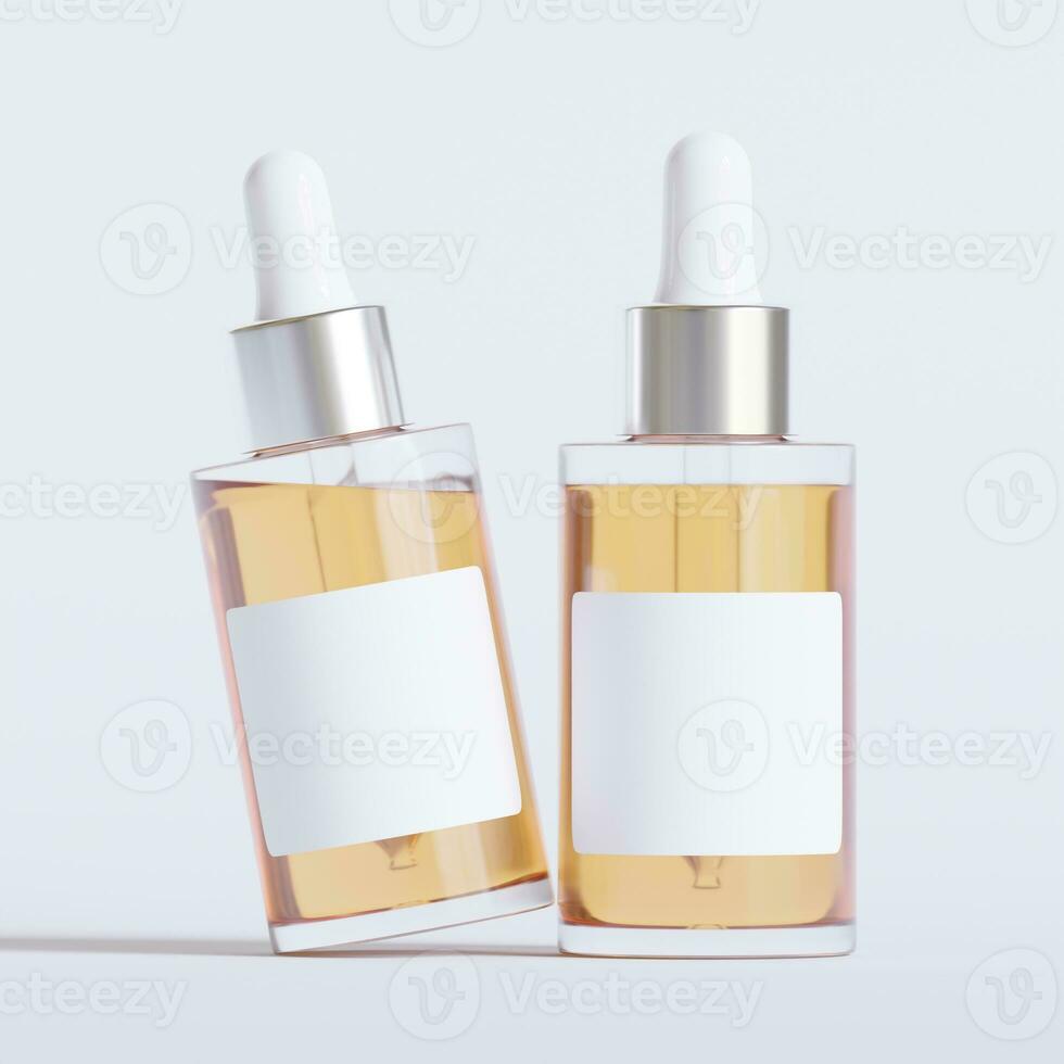 Glass bottle cosmetic rendering 3D software illustration with label and white color realistic texture photo