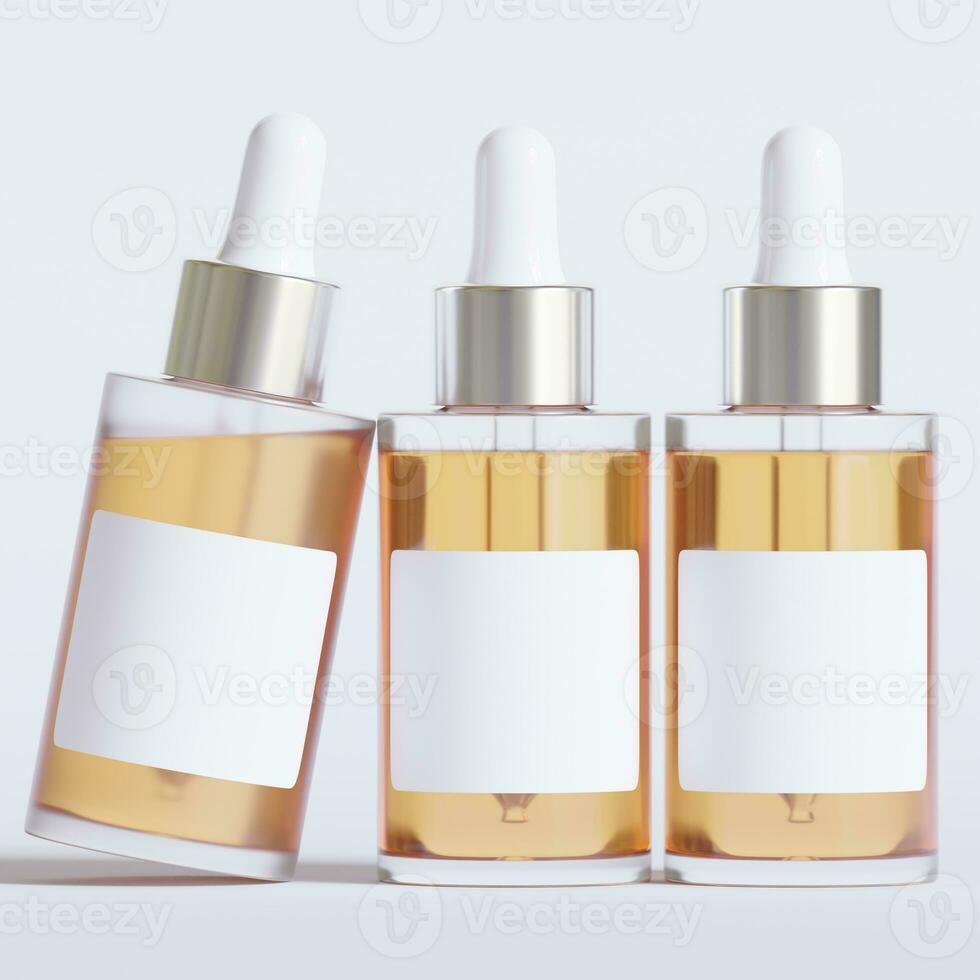 Glass bottle cosmetic rendering 3D software illustration with label and white color realistic texture photo