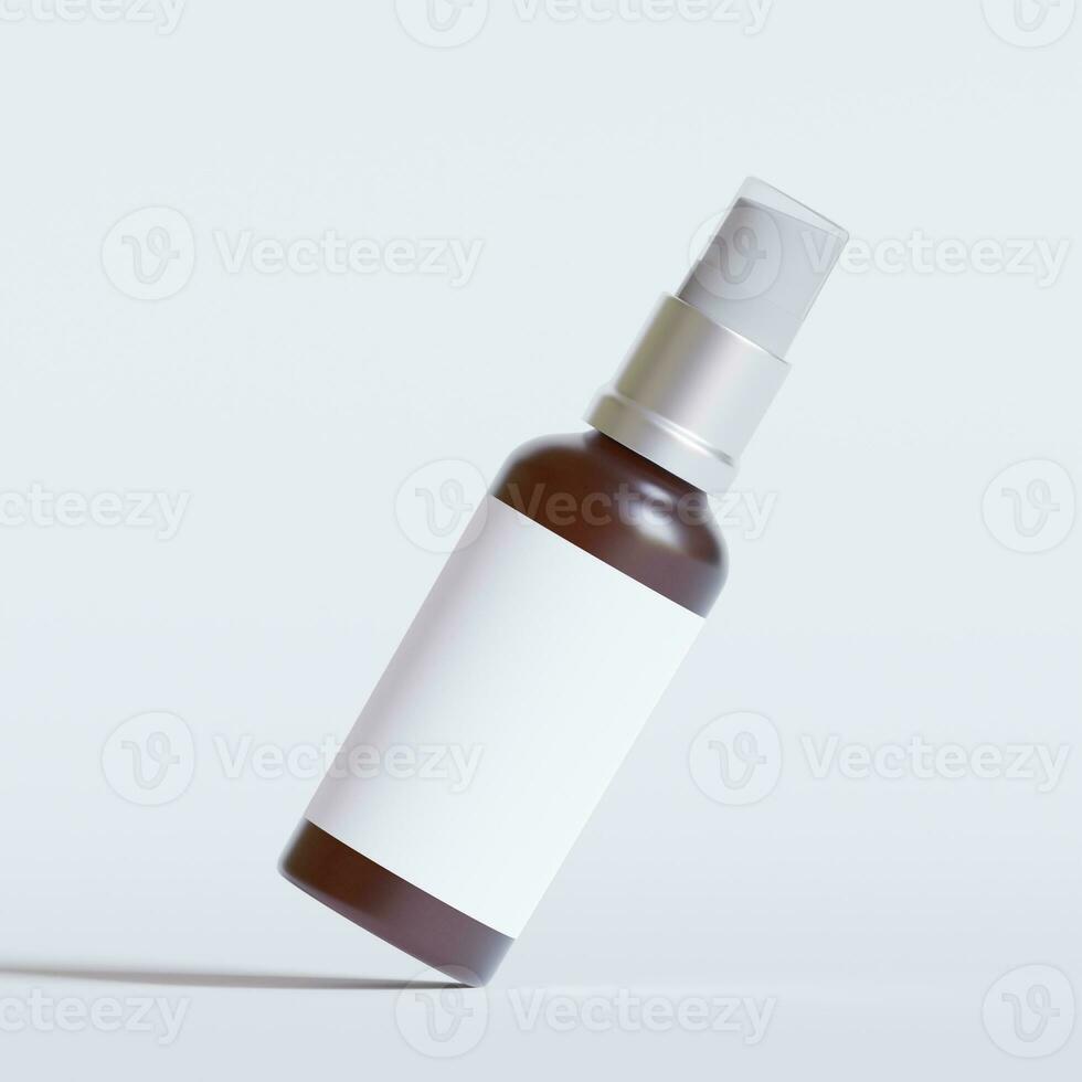 Glass bottle cosmetic rendering 3D software illustration with label and white color realistic texture photo
