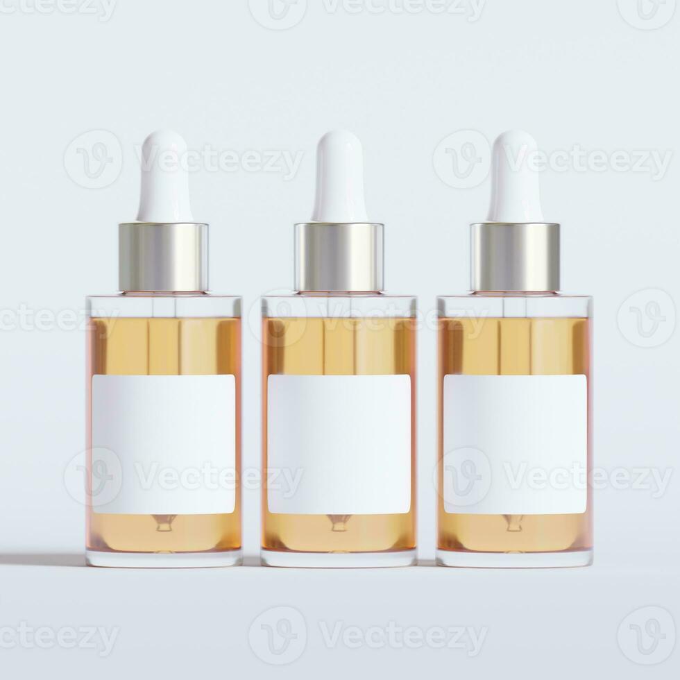 Glass bottle cosmetic rendering 3D software illustration with label and white color realistic texture photo