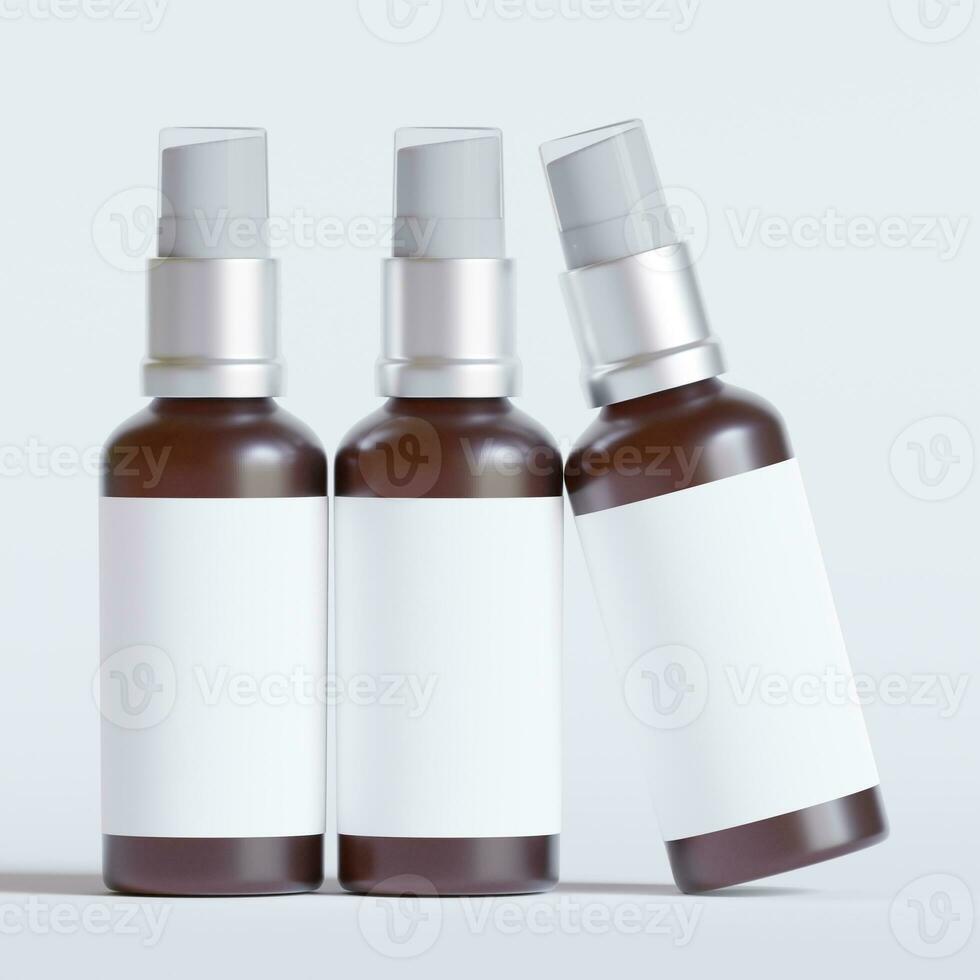 Glass bottle cosmetic rendering 3D software illustration with label and white color realistic texture photo