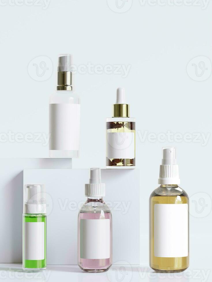 Realistic cosmetic bottle white background, liquid cosmetic bottle, 3D rendering photo
