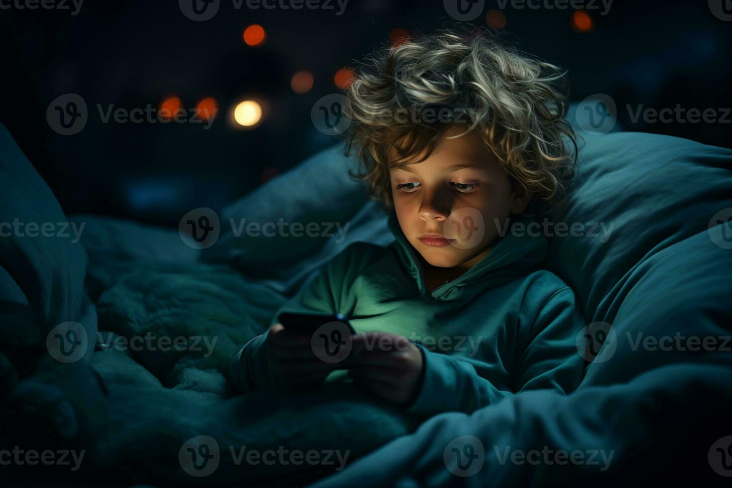 AI generated Kid using mobile phone at night on bed. Screen addiction concept photo