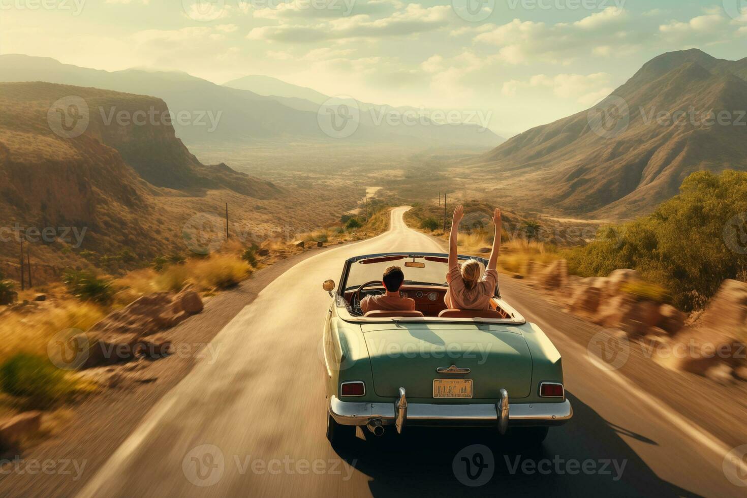 AI generated Happy young couple driving along country road in convertible car. Road trip, car rental concept photo