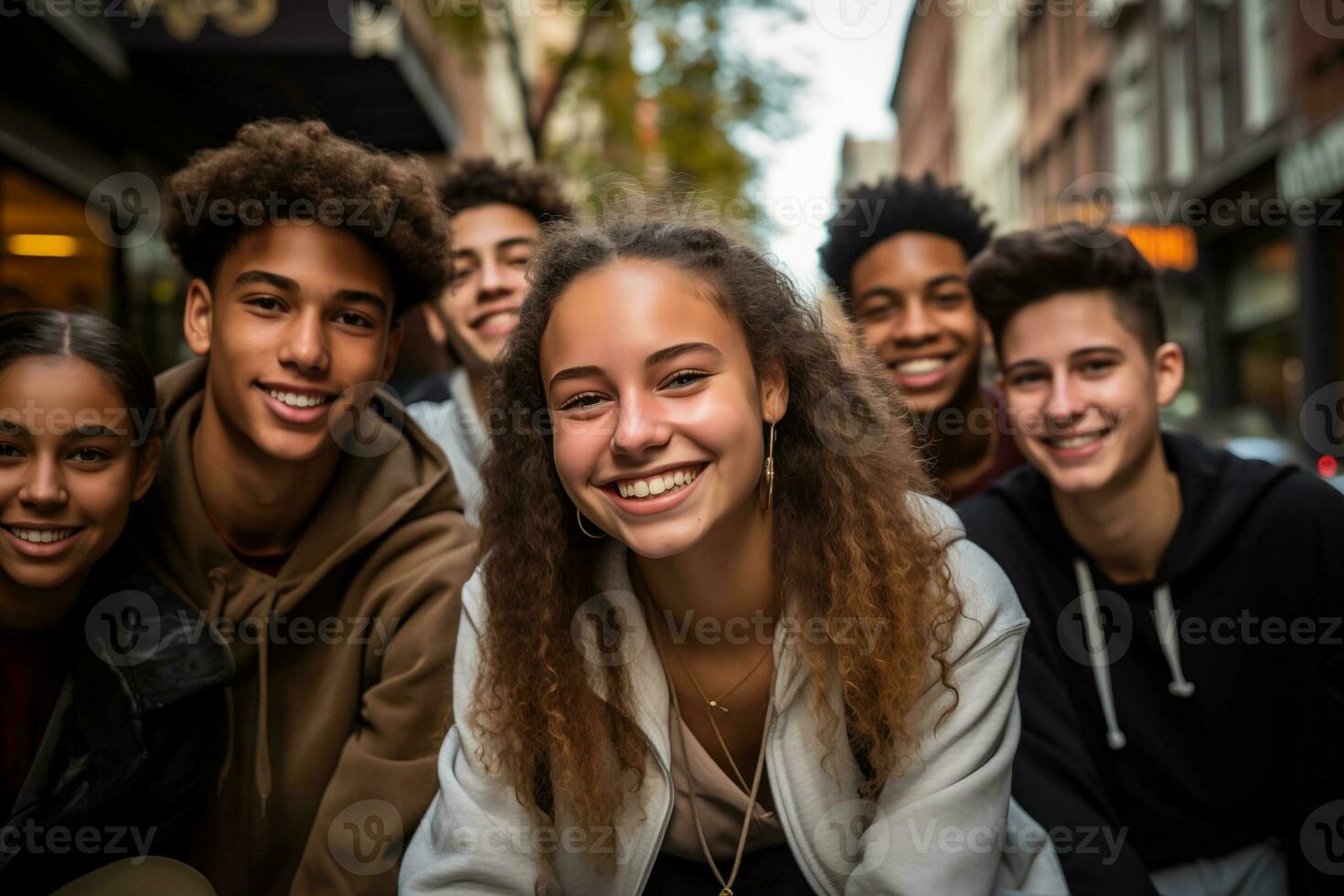 AI generated Happy teenager friends having fun on city street, people enjoy laughing. Friend, lifestyle concept photo