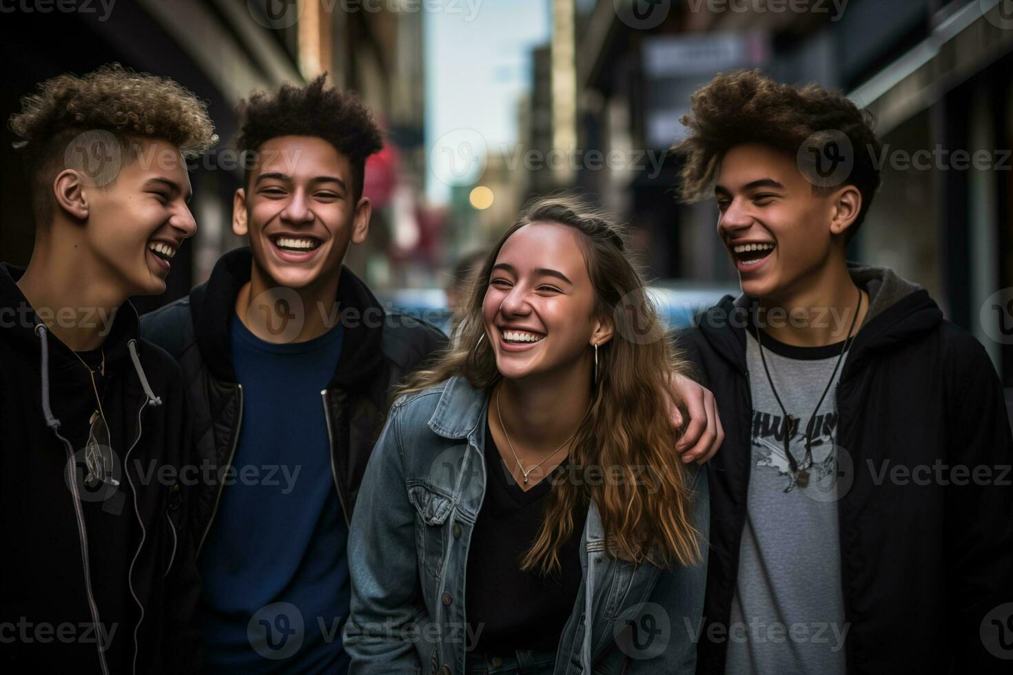 AI generated Happy teenager friends having fun on city street, people enjoy laughing. Friend, lifestyle concept photo