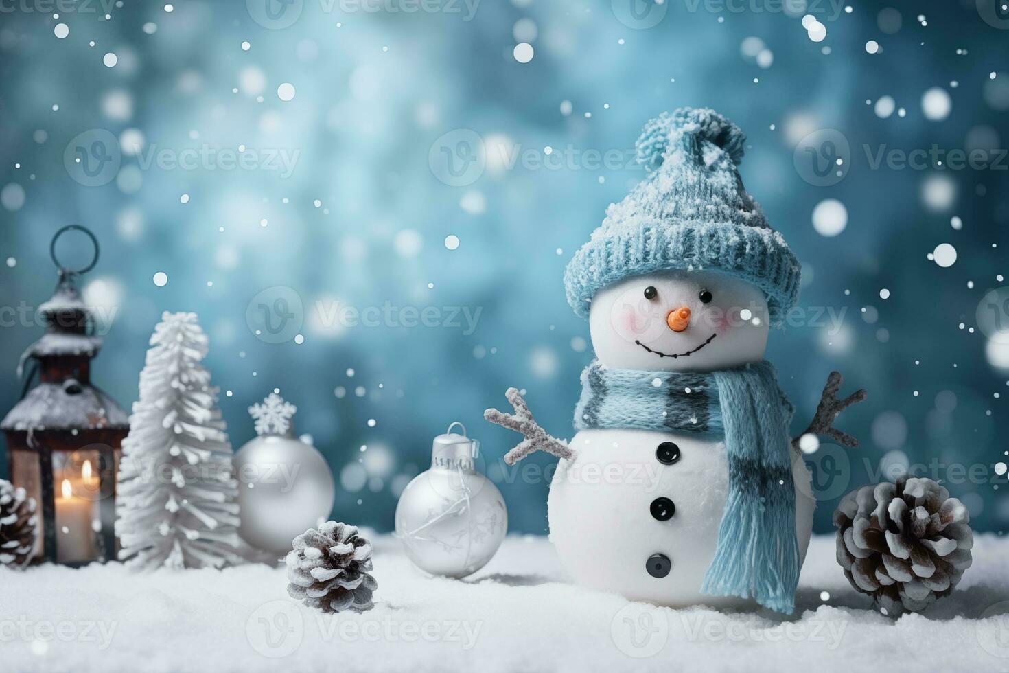 AI generated Winter theme background with snowman, pine tree and snow flakes. Christmas, new year, winter season photo