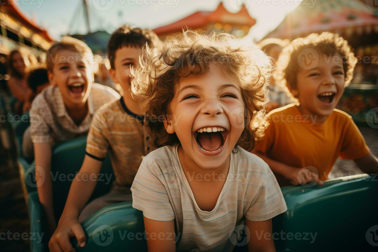 ai generado adorable contento niños en un diversión parque paseos un caballo en un carrusel en el verano foto