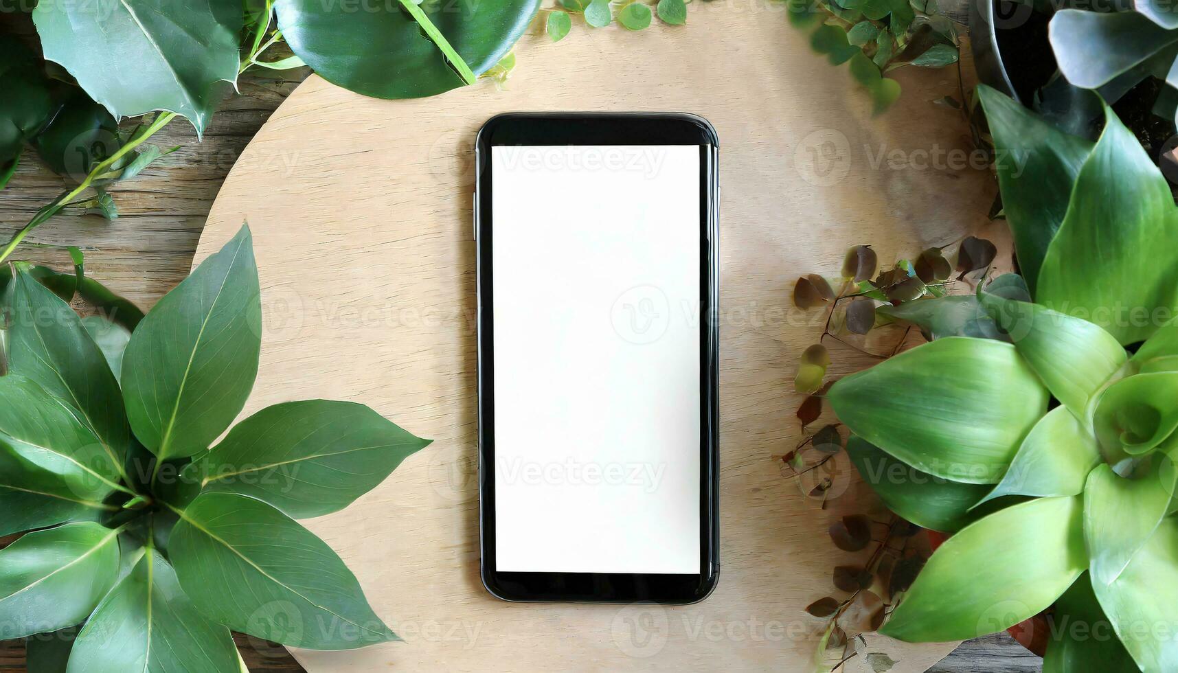 AI Generated a cell phone mock-up on a tabletop surrounded by houseplants in flower pots photo