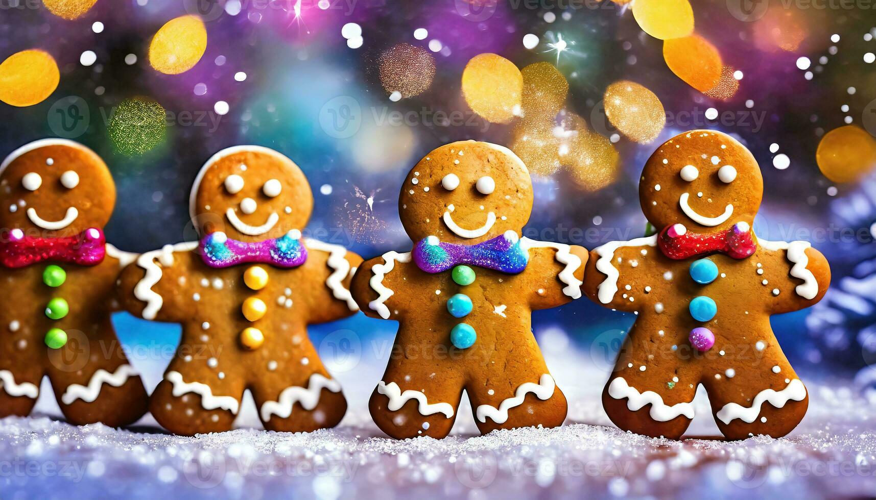 AI Generated colorful gingerbread men stand next to each other in the snow with glittering bokeh photo