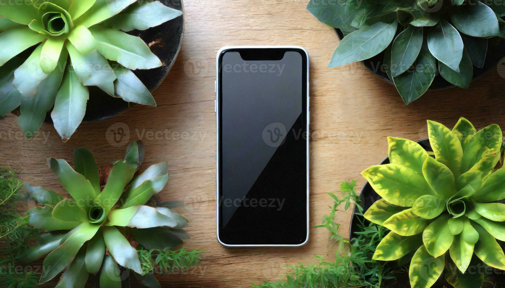AI Generated a cell phone mock-up on a tabletop surrounded by houseplants in flower pots photo