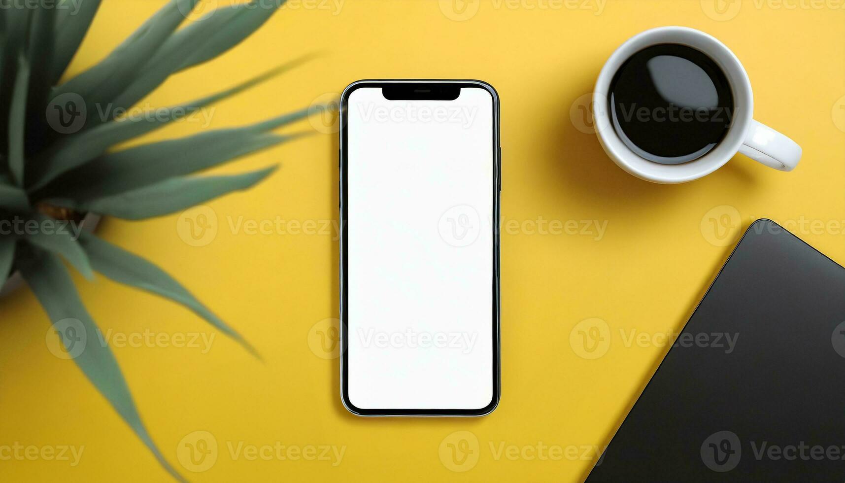 AI Generated Top view of a yellow work surface with mockup mobile, plant and coffee photo