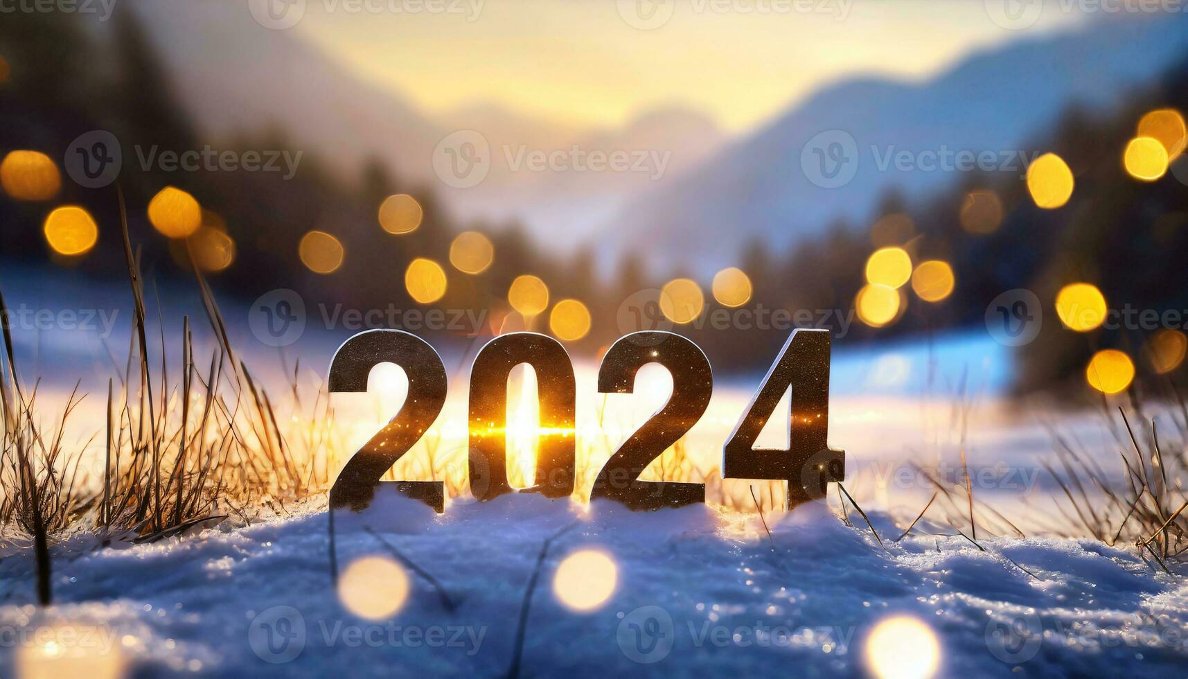 ai generado el cifras para el año 2024 estar en un invernal Nevado paisaje foto
