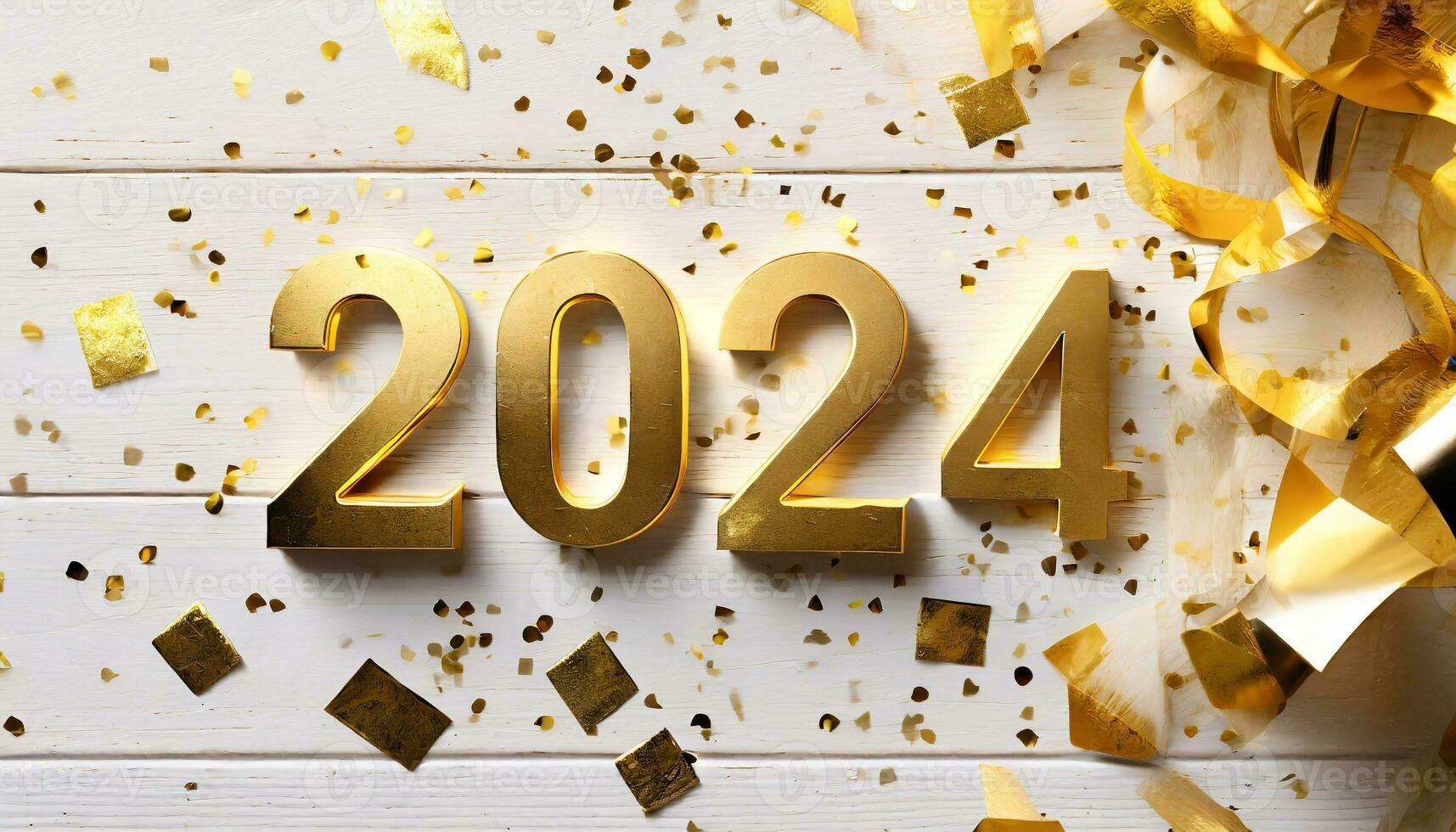 ai generado vista superior de dorado números de el año 2024 acostado en un blanco rústico de madera mesa foto