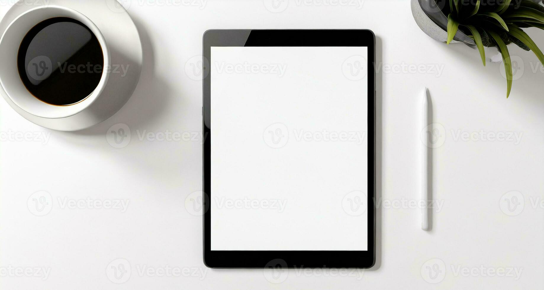 AI Generated Top view of mockup tablet on white surface with coffee cup and plant photo