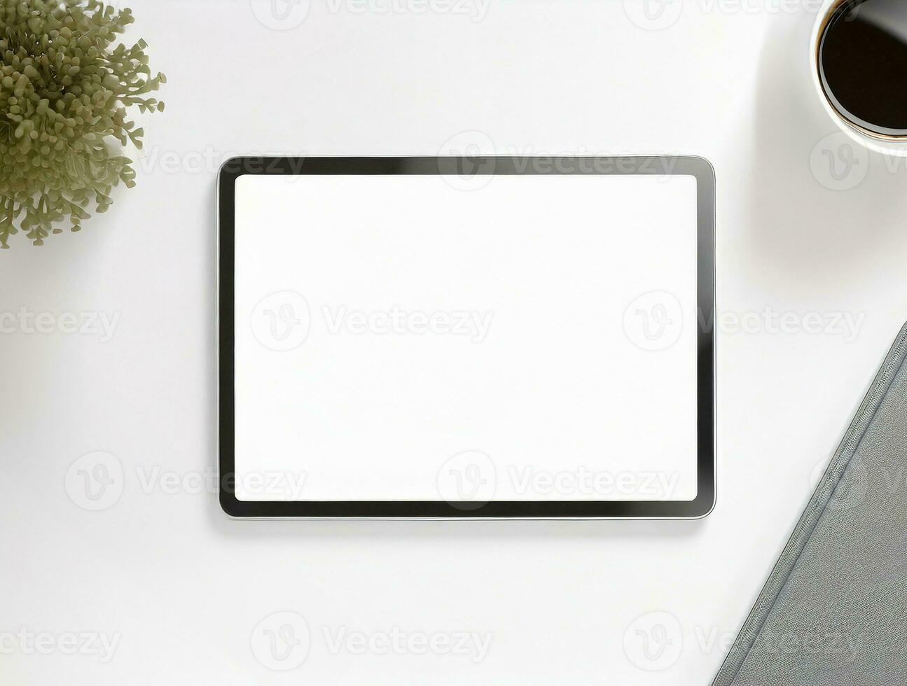 AI Generated Top view of mockup tablet on white surface with coffee cup and plant photo