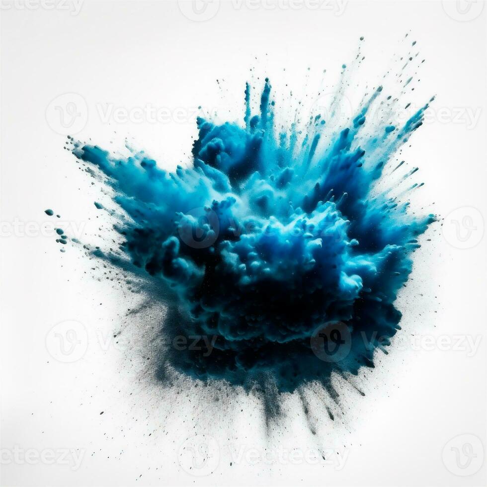 ai generado azul polvo explosión en blanco antecedentes foto