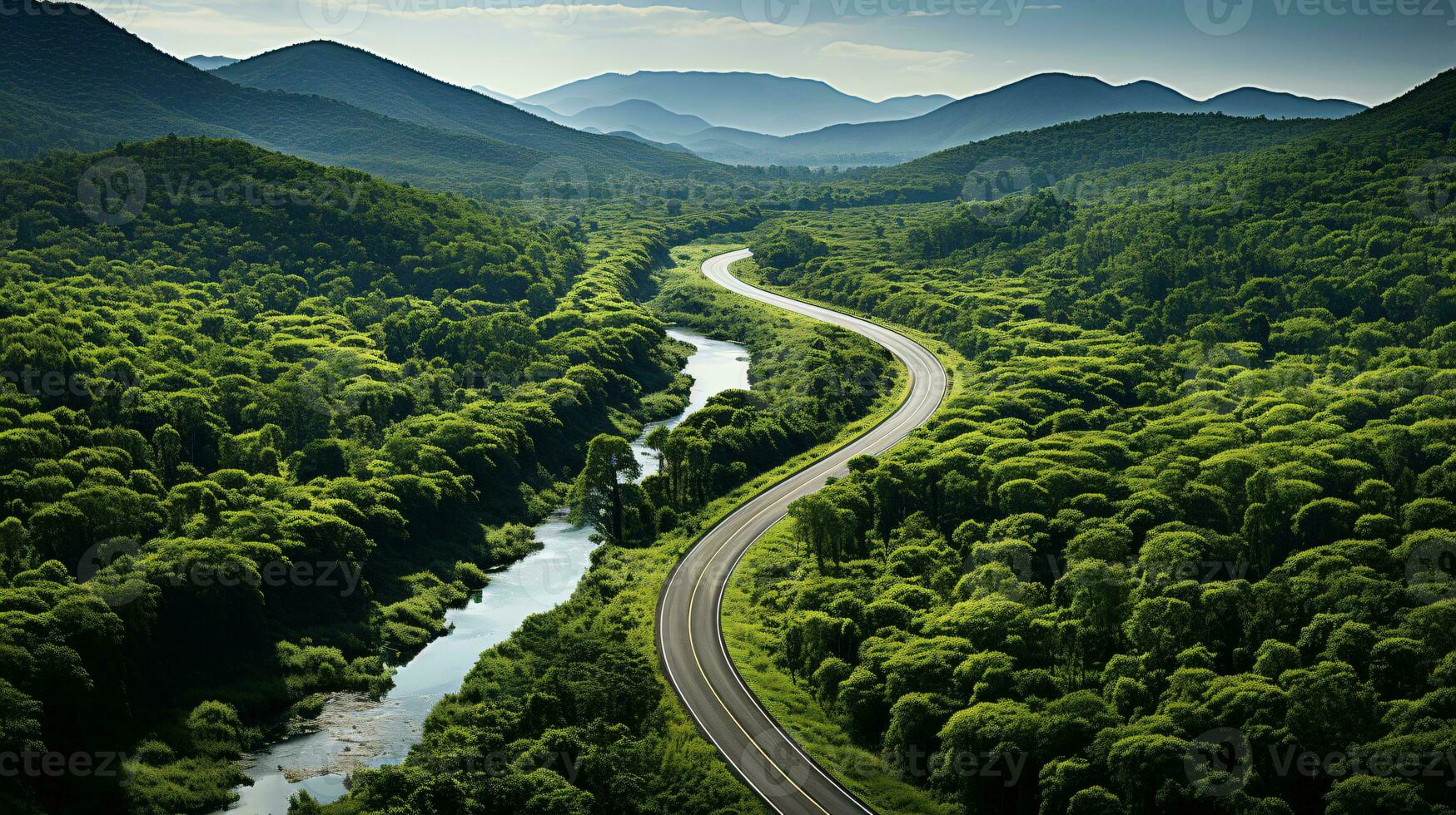 AI generated an asphalt road leads through the middle of a dense and wild green jungle photo
