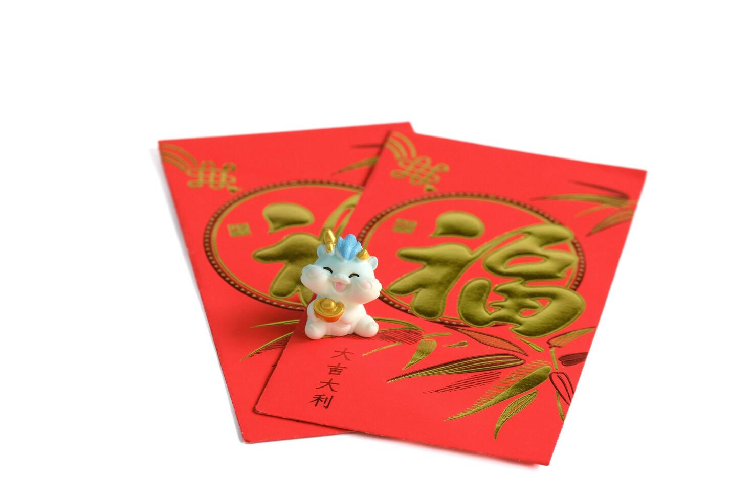 Happy New Year Chinese year of dragon 2024. Dragon on red envelopes isolated on white background. Chinese characters means blessing and good luck. Chinese character fu which stands for luck. photo