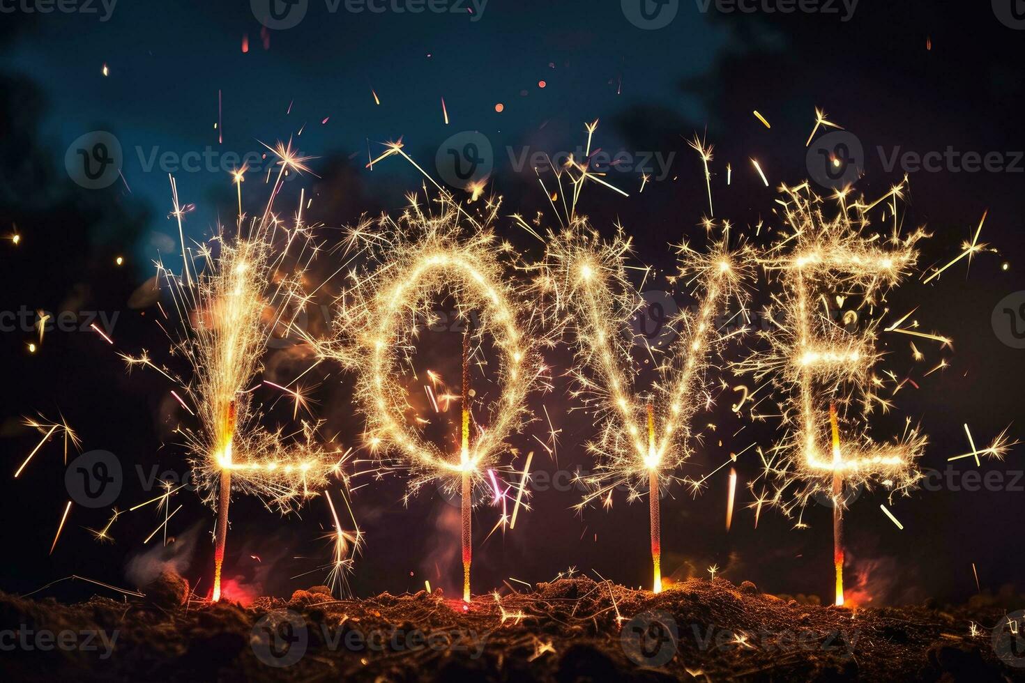 AI generated happy valentine day with LOVE popping colorful fireworks in the dark sky .AI generative photo