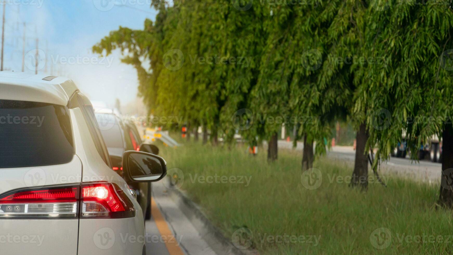Rear side of white car on the road with turn on brake light. Cars parked in a row, stopped at a traffic light. On the sides. there are grass islands with tall trees in the middle. photo