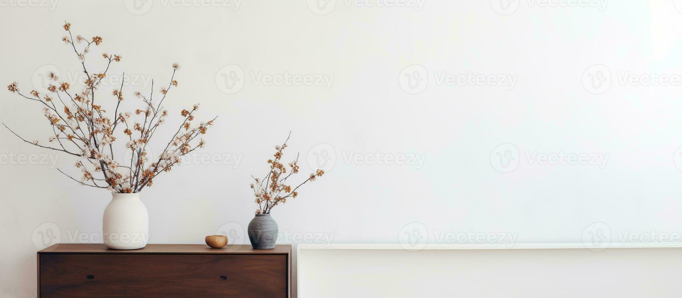 AI generated Empty room interior background with glass vase with branch light wall in room. generative ai. photo