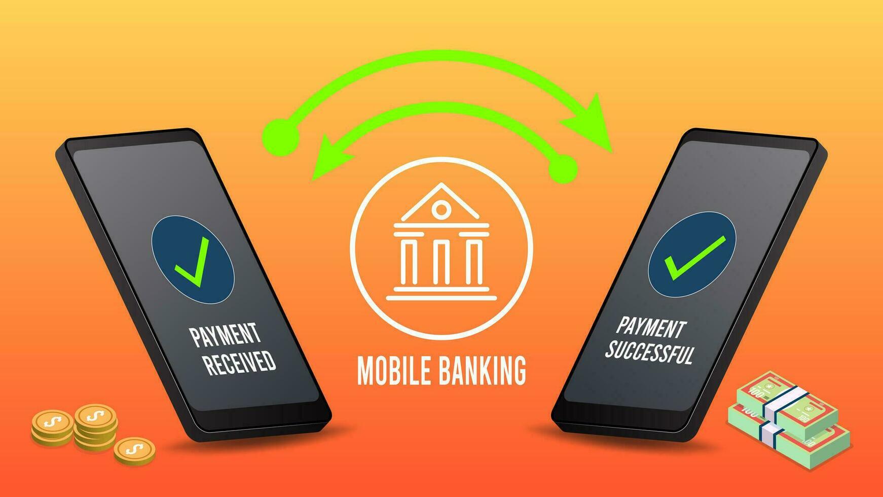 Financial Technology Contactless payment concept with Smartphone sending and receiving money wireless with their mobile phones. Vector illustration eps10