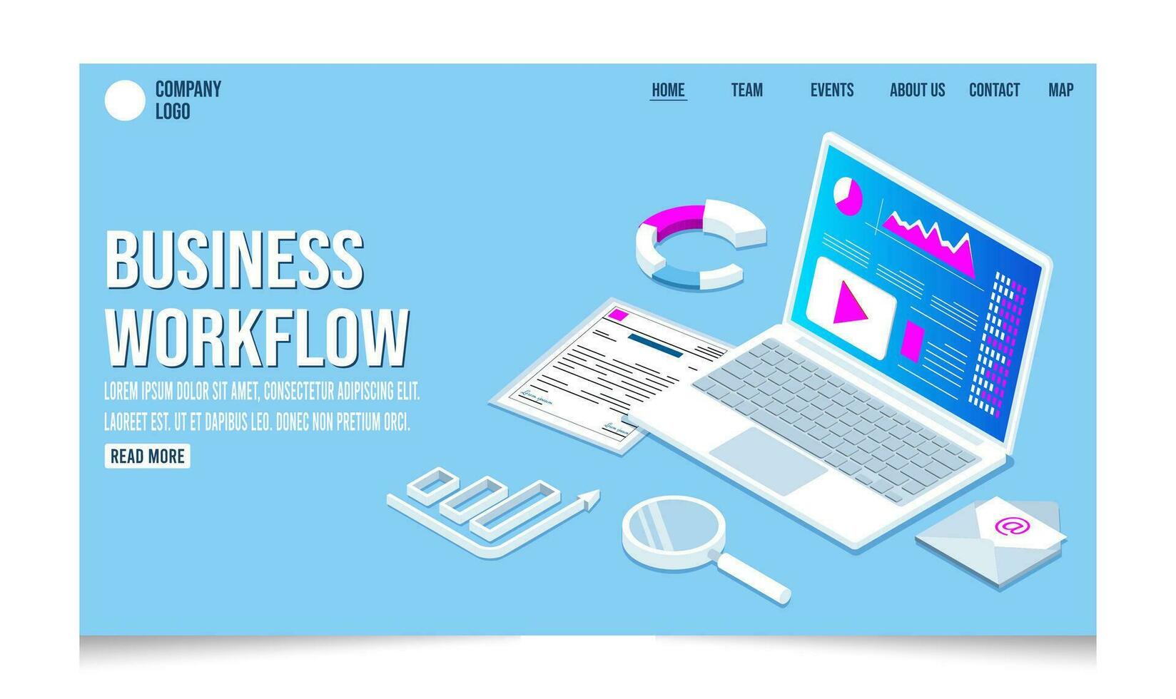 3D isometric business workflow with data Investment, Project management, business communication graphs and papers.  vector illustration eps10.