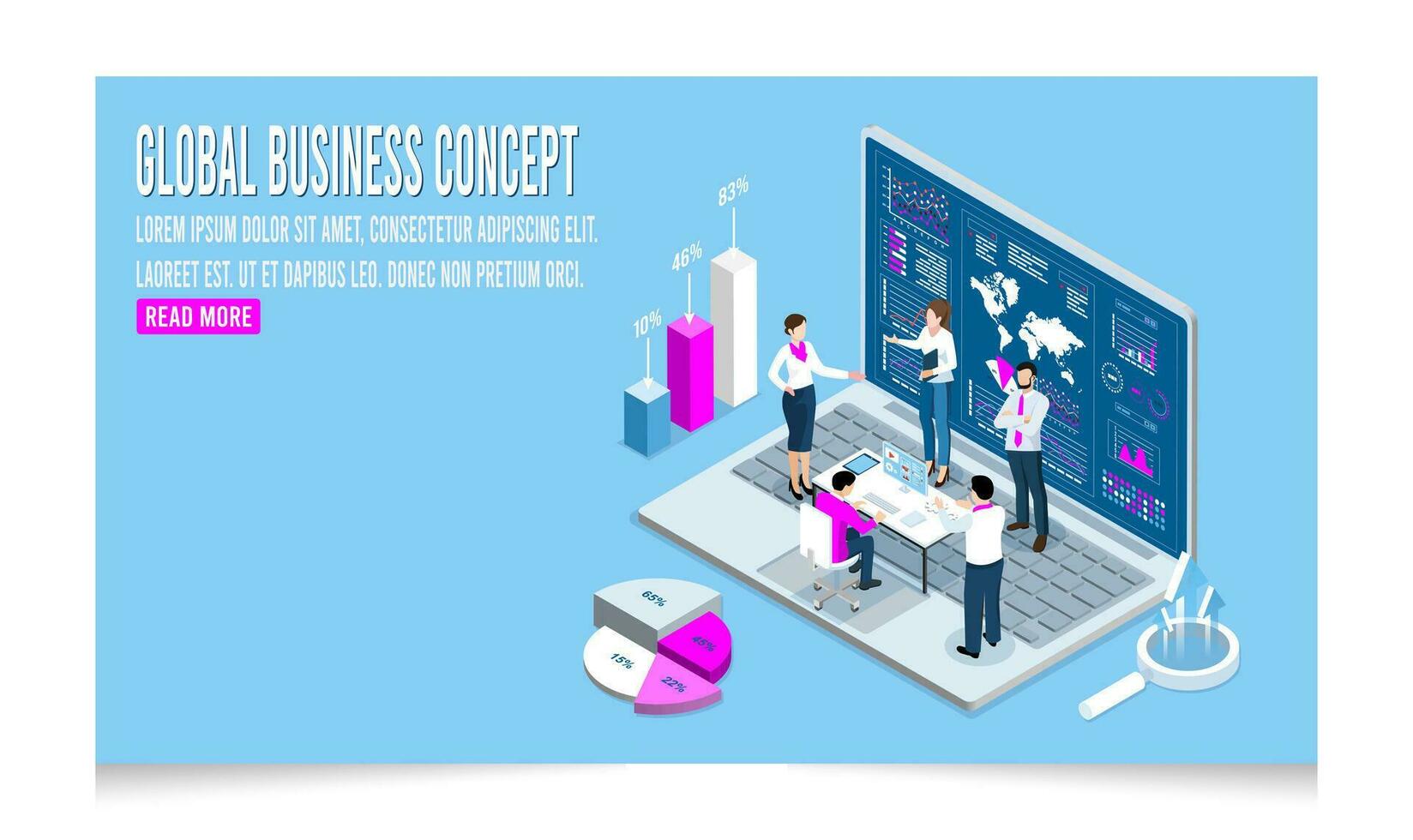 3D isometric Global Business concept with office workers process a business strategy or financial goal. Vector illustration eps10