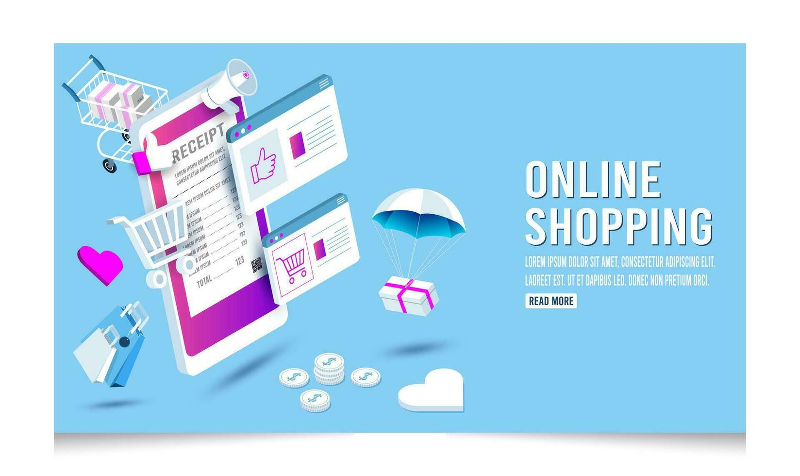 compras en línea concepto para sitio web, móvil solicitud, web bandera, informacion gráficos o descuento cupones vector ilustración eps 10