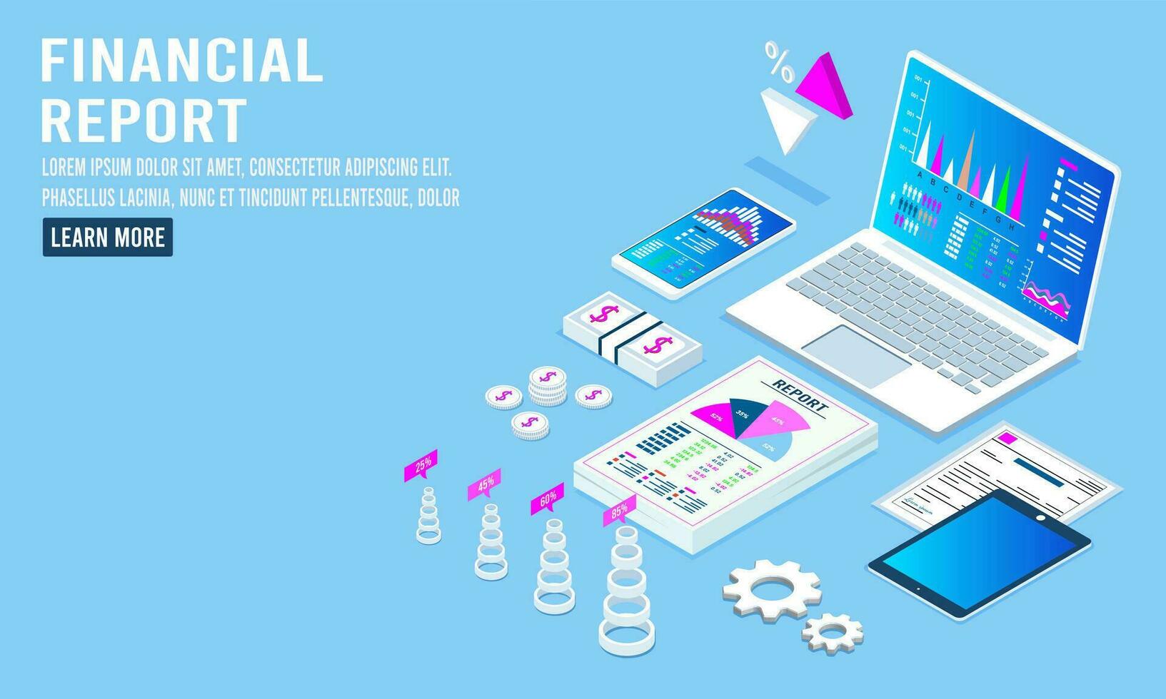 3d isométrica financiero reporte con diagramas, gráficos, financiero analítico y negocio infografía elementos en pantalla ordenador portátil. vector ilustración eps10