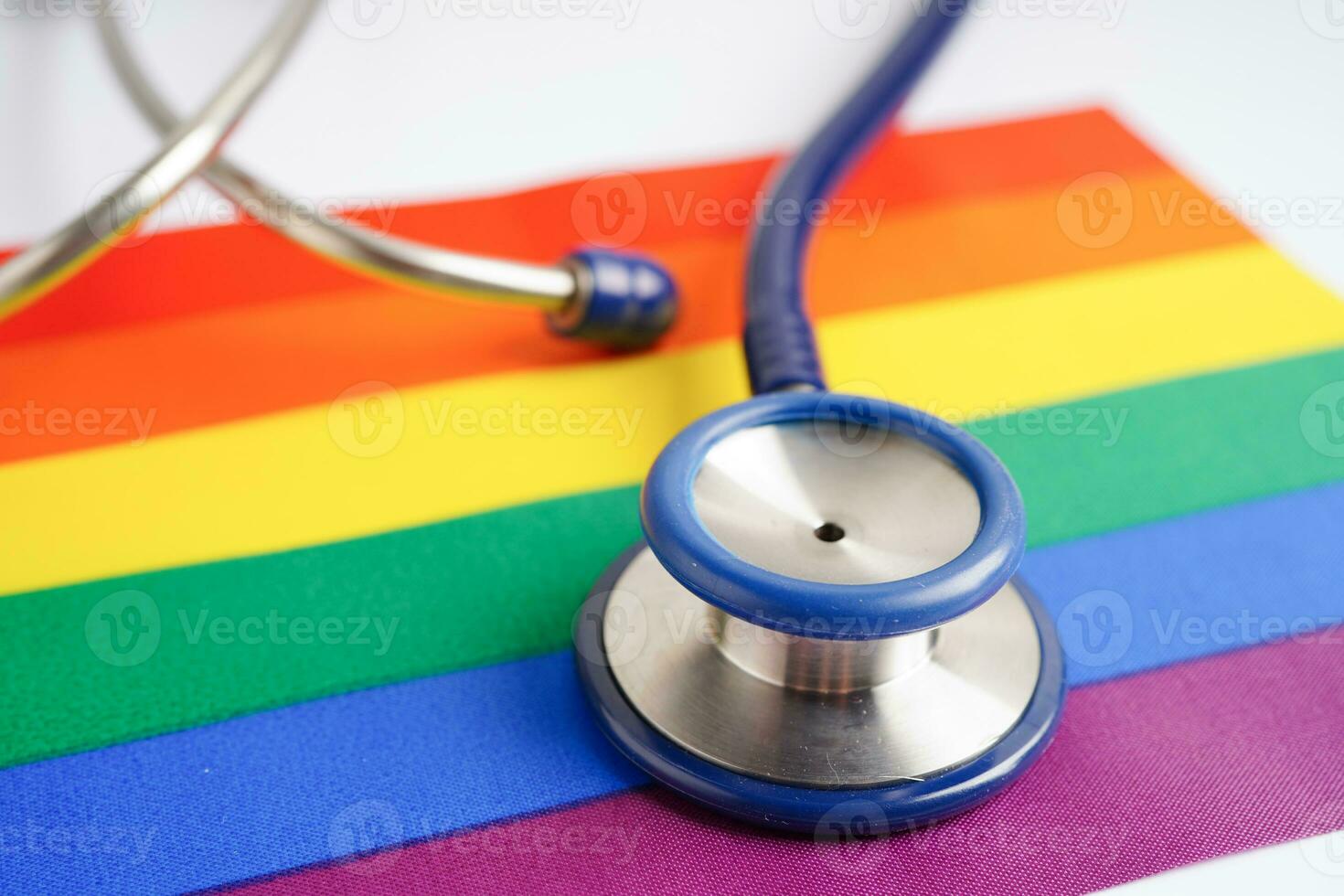 LGBT symbol, Stethoscope with rainbow ribbon, rights and gender equality, LGBT Pride Month in June. photo