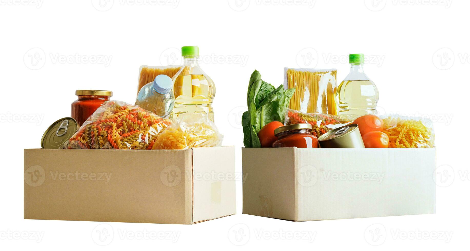 Foodstuffs in donation box isolated on white background for volunteer to help people. photo