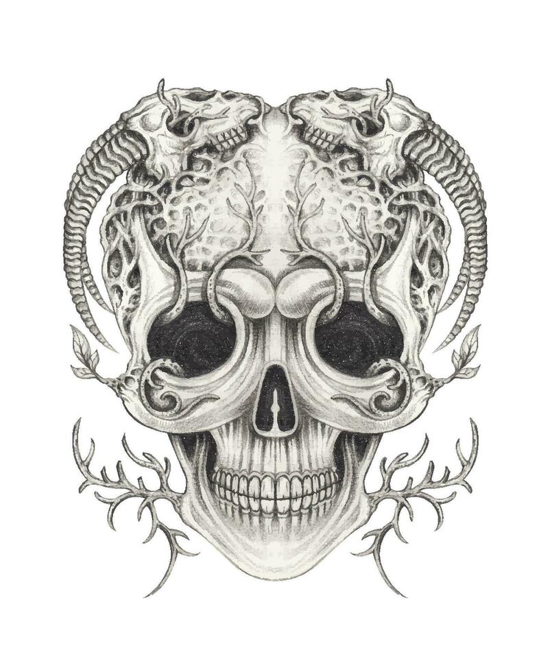 Skull head surrealist art and skull animal design by hand drawing. vector