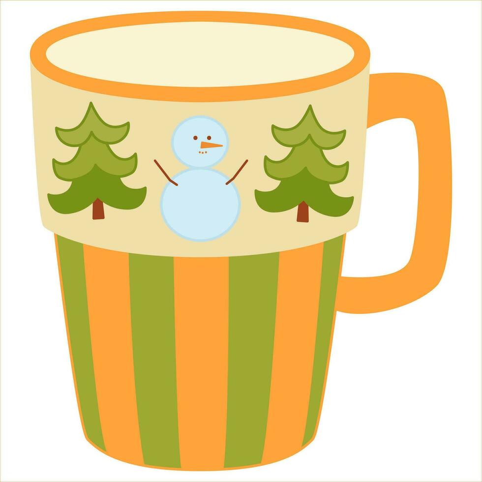 Yellow mug with Christmas tree and snowman Christmas mug in flat style. vector