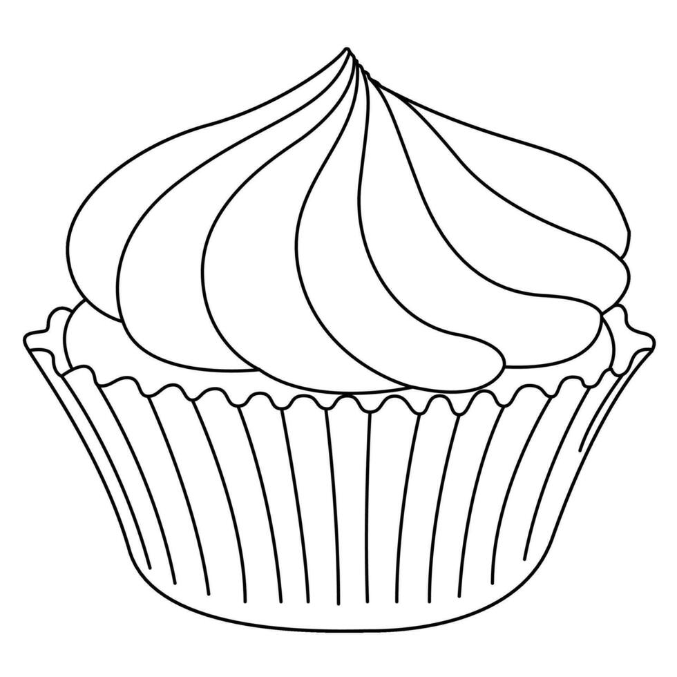 Cute dessert sweets food cupcake with cream line art drawing coloring page. vector