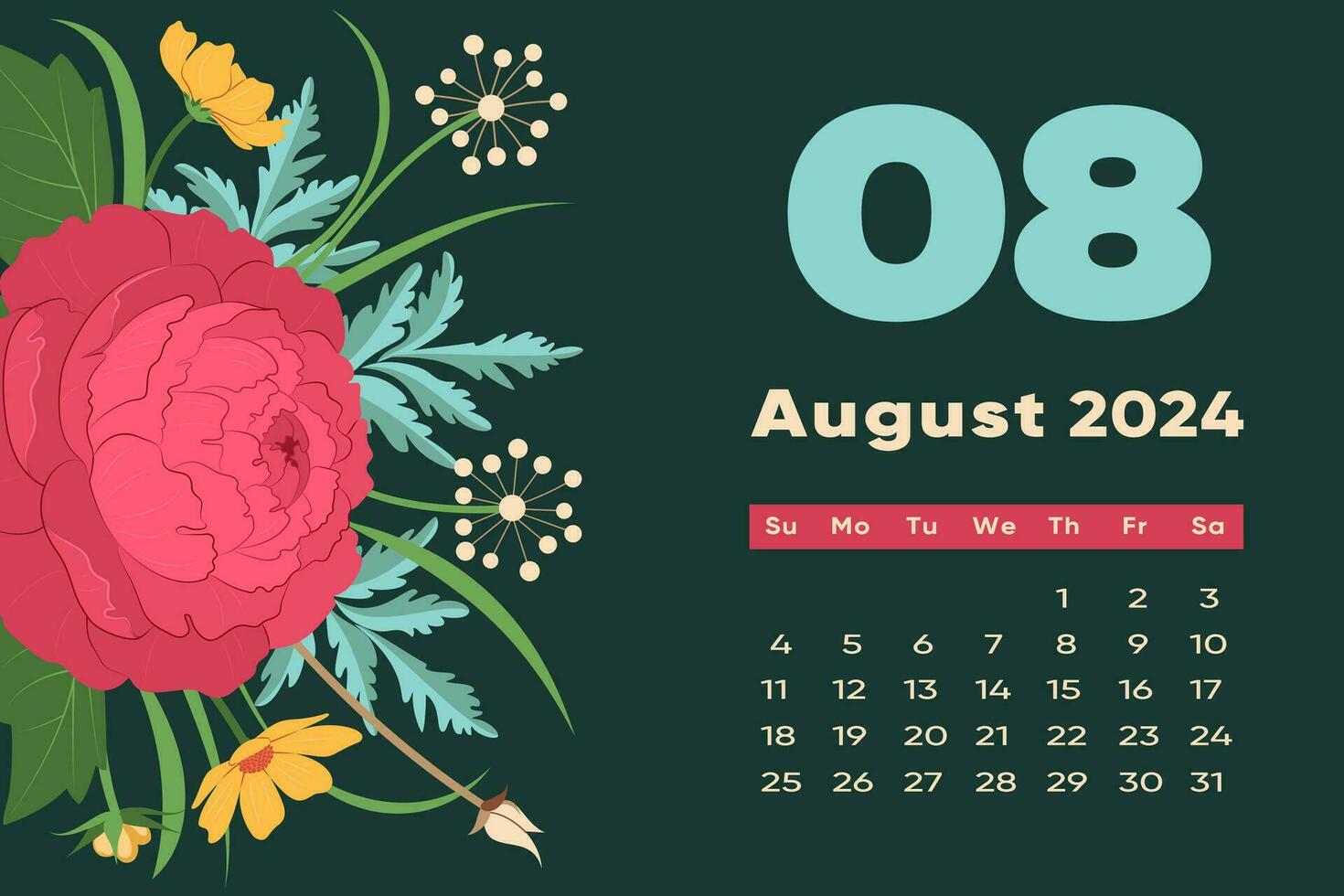 floral agosto 2024 calendario modelo. con brillante vistoso flores y hojas. vector