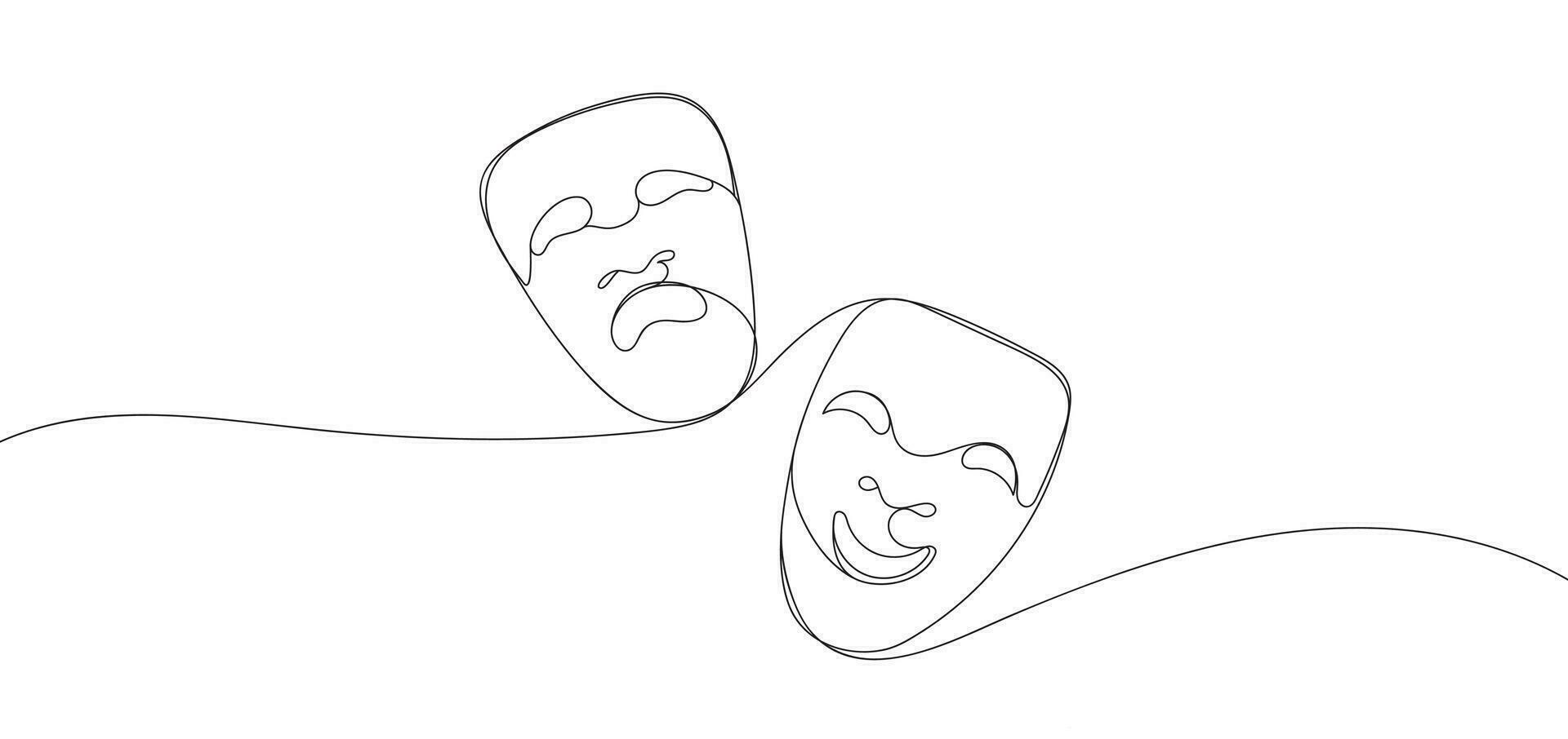 teatro máscara tragedia y humor uno línea continuo línea Arte. personaje máscara bosquejo. sonriente cara y llorando cara contorno vector ilustración aislado en blanco antecedentes