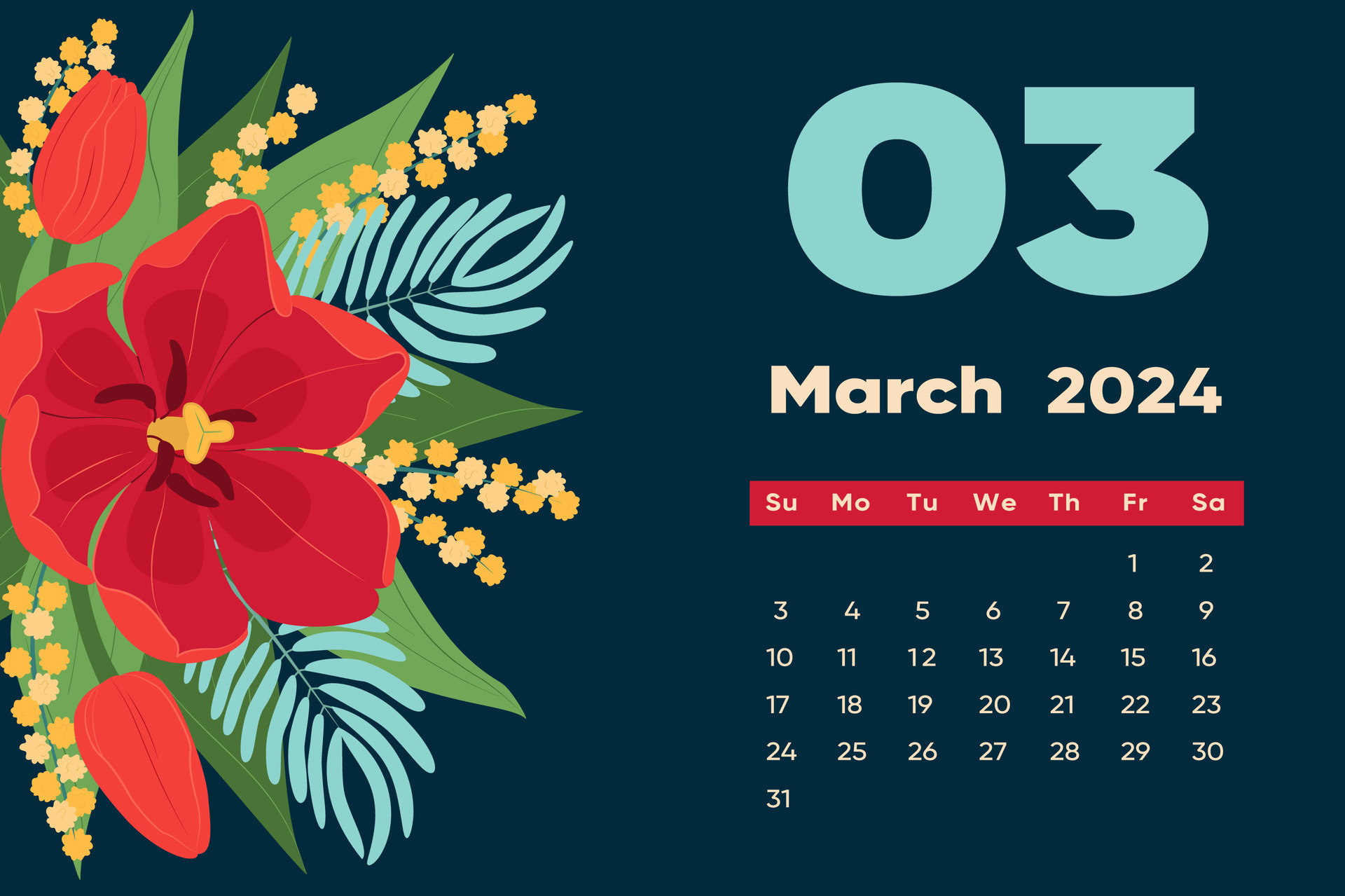 Floral March 2024 calendar template. With bright colorful flowers and