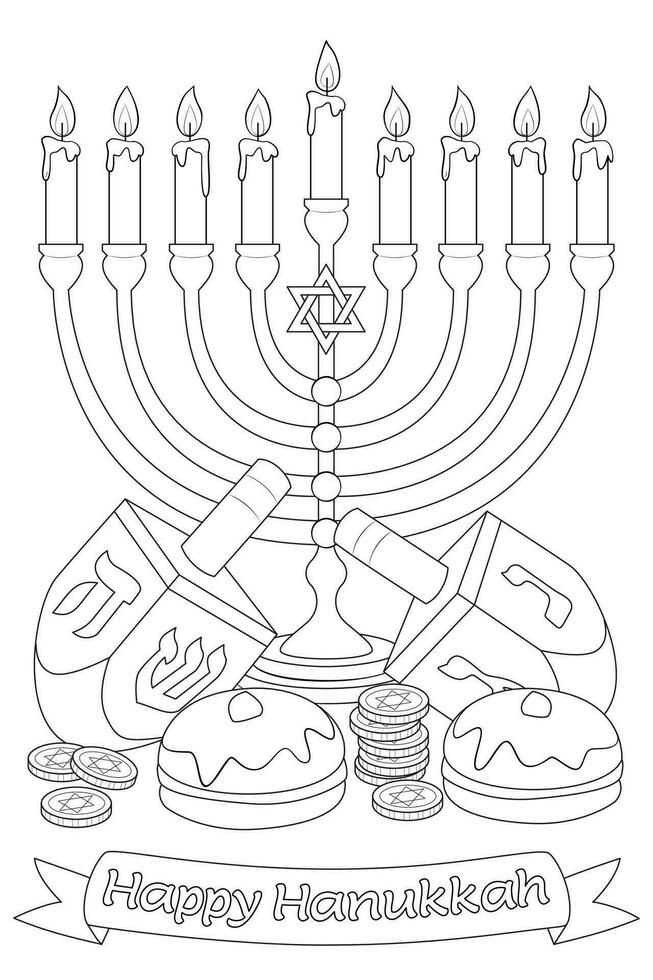 Happy Hanukkah Illustration. Coloring page. Line Art. vector