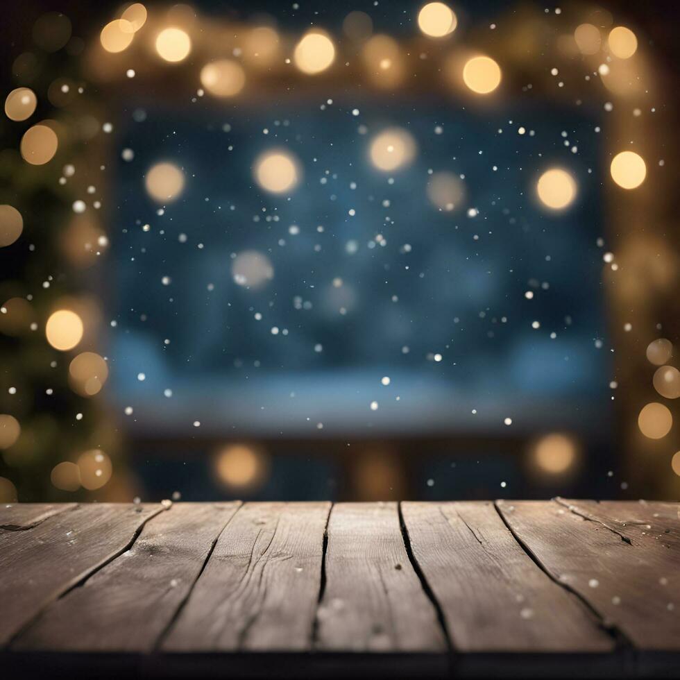 AI generated Counter and empty wooden table suitable for product placement in a winter Christmas atmosphere photo