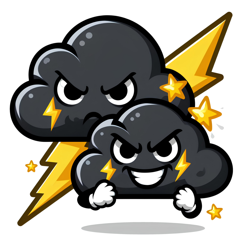 AI generated black cloud cartoon and yellow lightning with angry expression png