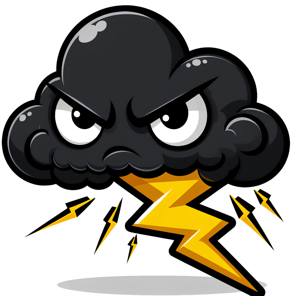 AI generated black cloud cartoon and yellow lightning with angry expression png