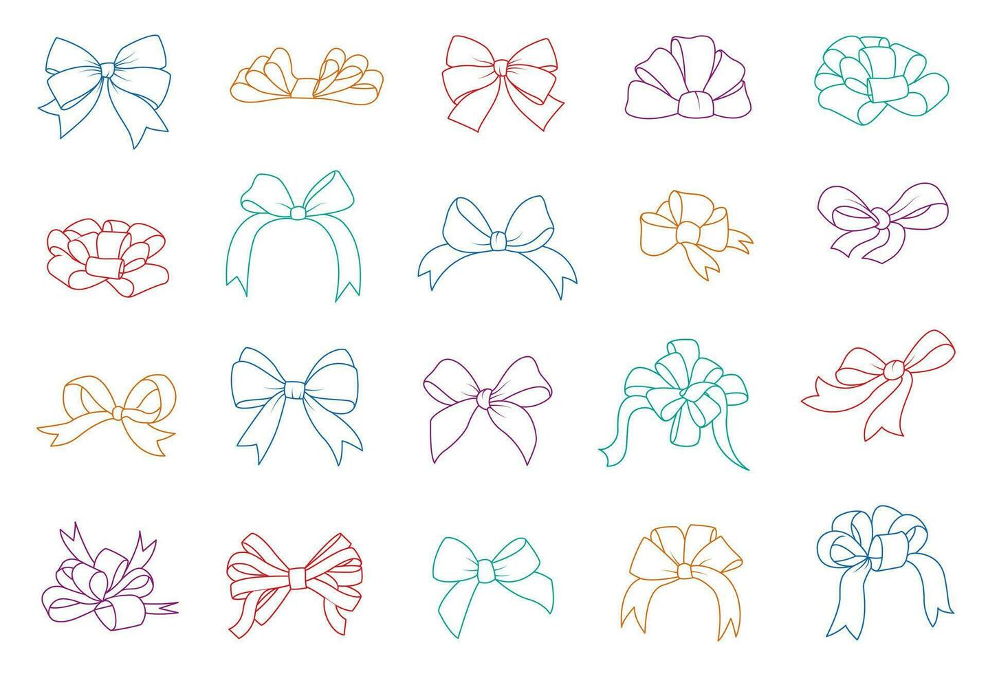 Simple hand drawn ribbon bow collection. Bowknot for decoration, big set of bowtie. vector