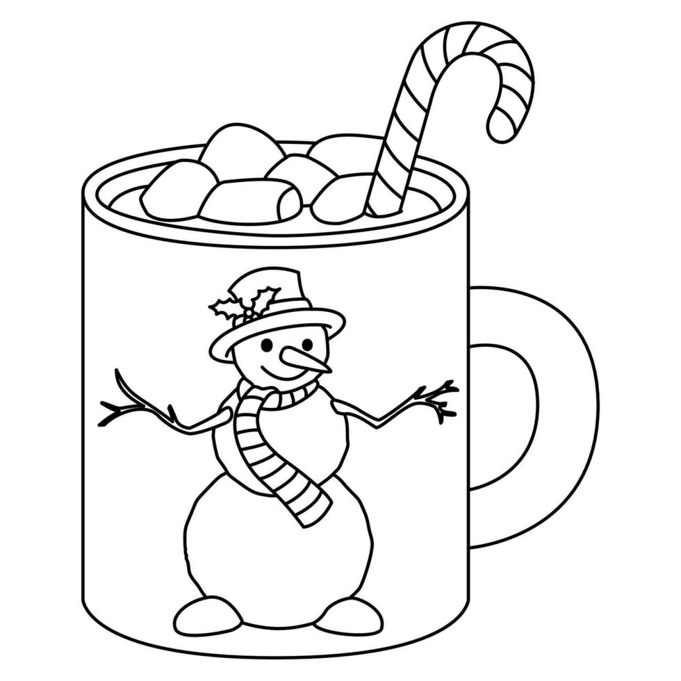 Cute holiday mug with snowman. Hot chocolate with marshmallows and Lollipop. vector