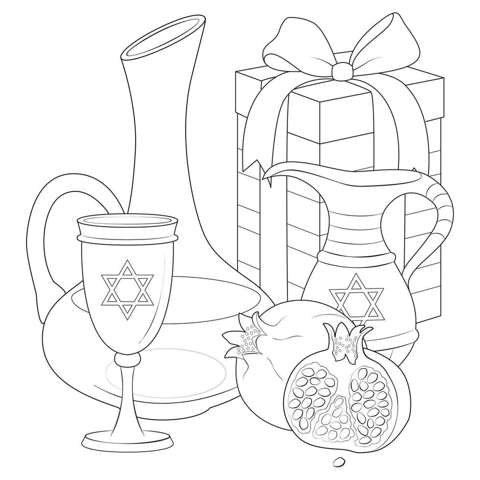 Happy Hanukkah Illustration. Coloring page. Line Art. vector