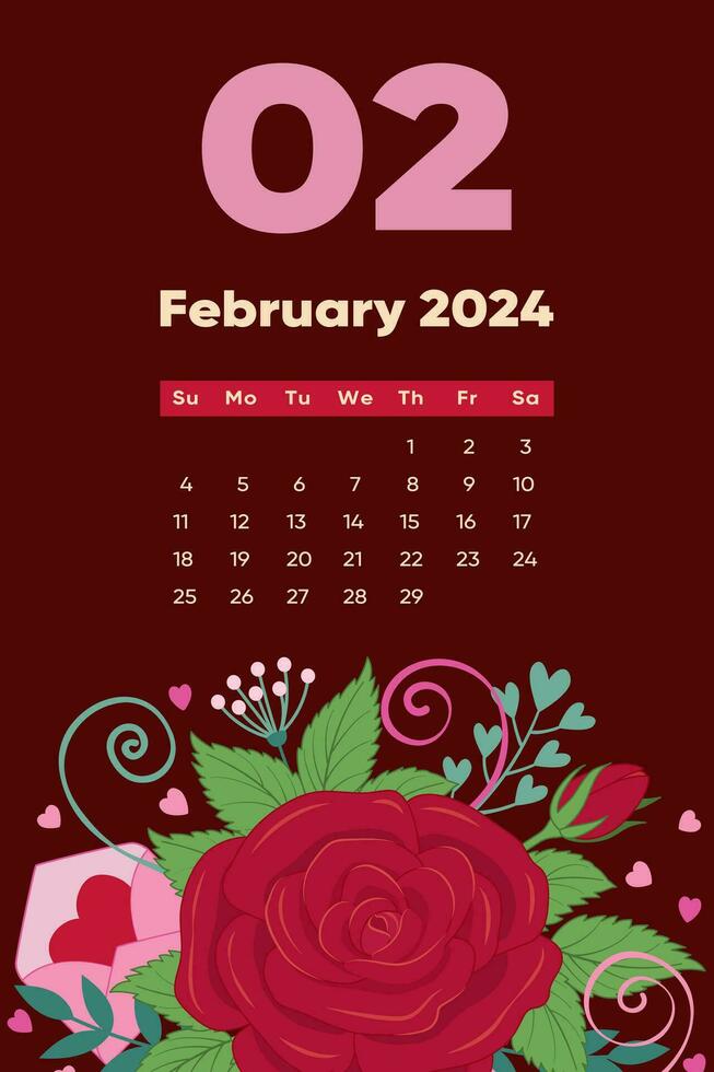 Floral 2024 calendar template. With bright colorful flowers and leaves. vector